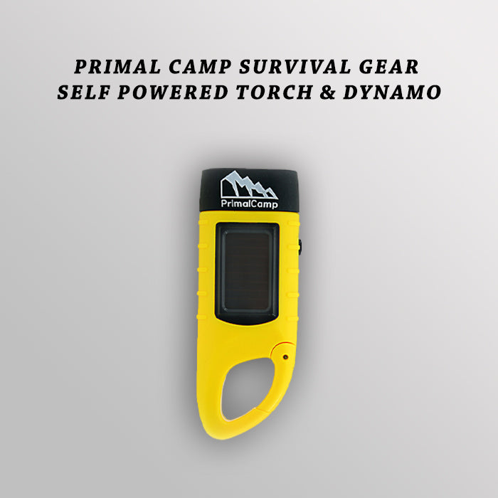 PrimalCamp hand crank led rechargeable flashlight with carabiner, solar power, and hand crank.
